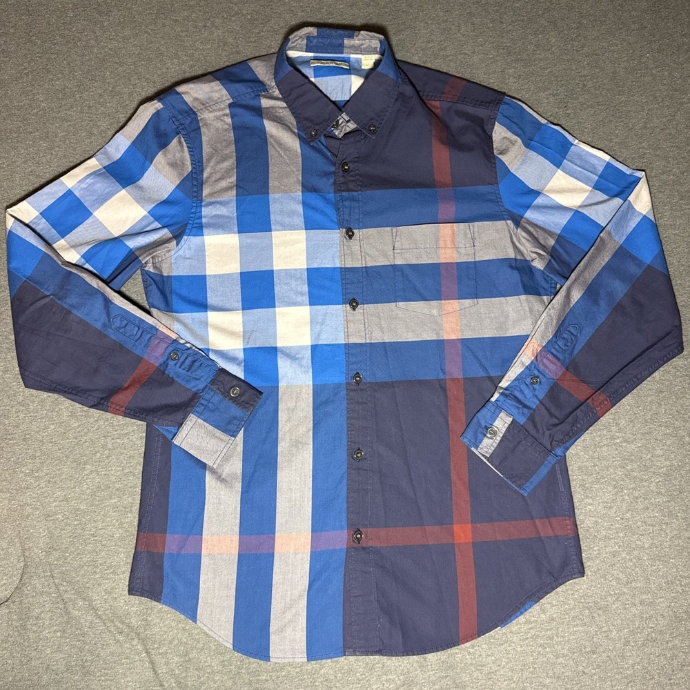 Burberry Men's Brit Nova Check Plaid Button Down Shirt L S Navy Blue Size M